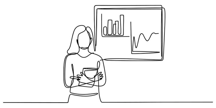 Continuous one line drawing of a woman presenting business charts on a whiteboard in a modern office environment for professional work isolated on transparent background, illustration