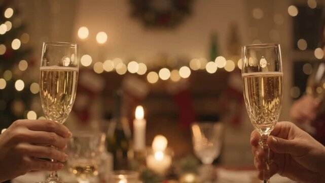 Two champagne flutes clinking celebration holiday festive background