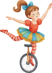 Girl Riding Unicycle in Dress Hand-Drawn Illustration © rey
