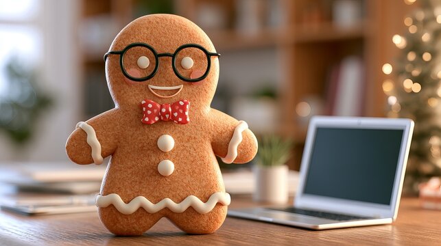 Festive gingerbread man wearing glasses and a bow tie sits next to a laptop amidst a Christmas tree and holiday decorations creating a joyful scene.