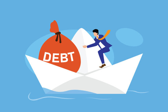 Businessman Struggling with Heavy Debt on a Paper Boat Concept 2d flat vector illustration