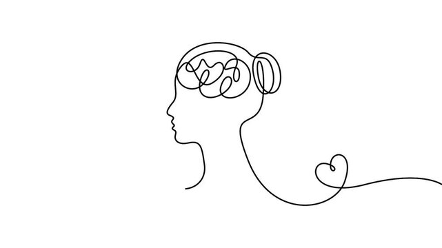 Continuous line drawing woman head with brain and heart animation vector illustration. Minimalist woman profile, brain, and heart line art animation for emotional intelligence.