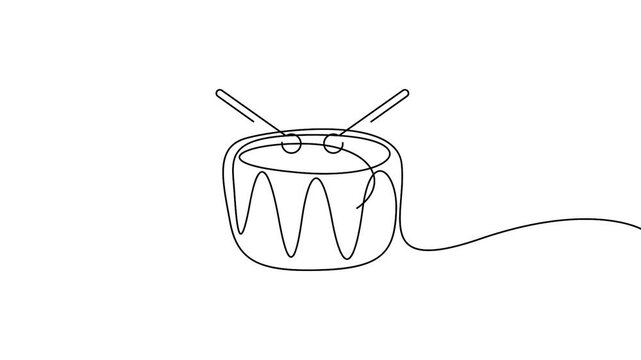 Drum continuous line art animation vector design element. Continuous single line drawing of a drum animation for music projects.