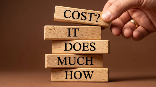 Hand placing the final engraved wooden block to complete the question &ldquo;How much does it cost?&rdquo; on warm brown background, pricing and budget concept