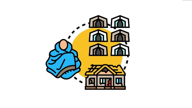 Individuals finding aid and safe housing in temporary camps after experiencing destruction to their permanent homes, symbolizing support and recovery following emergency events