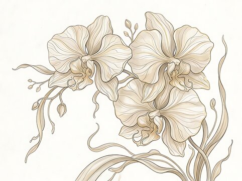 Beautiful detailed illustration of orchid flowers with transparent background