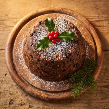 Christmas pudding decorated with holly on a wooden table  