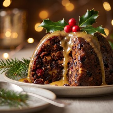 Christmas pudding topped with holly and sauce on a festive table  