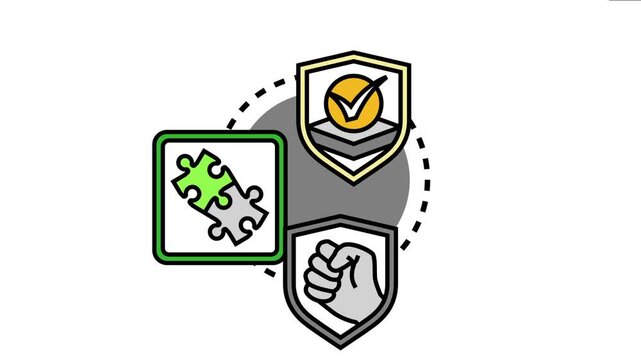 Shield icons representing protection, warning, and solutions, with elements like a checkmark, interlocking puzzle pieces, and a clenched fist symbolizing security, strategy, and strength
