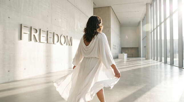 woman wearing loose white flowing dress walking away down bright modern concrete museum corridor toward exhibition gallery interior space hallway