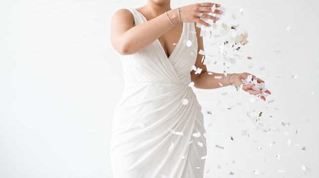 close up elegant bride wearing draped white wedding dress throwing sparkling silver metallic confetti indoors against light isolated studio background
