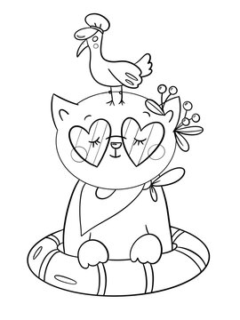 Cute cat in swim ring with seagull line art coloring page raster drawing
