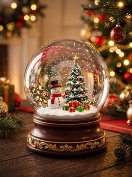 Christmas snow globe featuring a snowman and decorated tree  