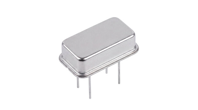 Metallic quartz crystal oscillator component, electronic frequency control resonator, silver metal DIP package microchip for circuit boards isolated PNG with Transparent Background