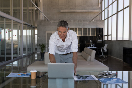 Male executive using laptop in office