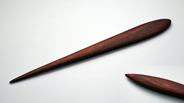 Smooth handcrafted dark reddish brown wooden paper folding bone tool placed on plain light gray background, traditional hand tool for bookbinding paper craft and stationery work
