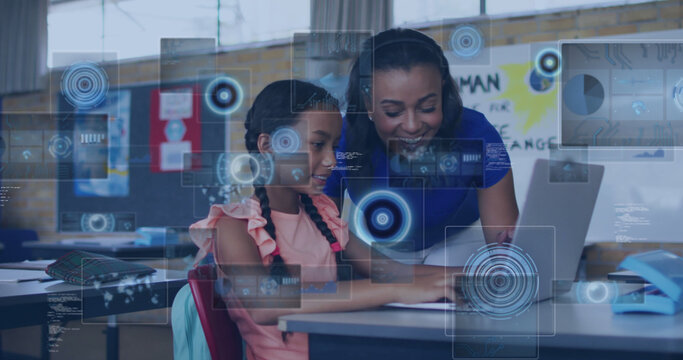 Image of digital screens over happy african american female teacher and schoolgirl in classroom