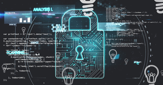 Image of bulb floating over data processing and digital padlock over black background