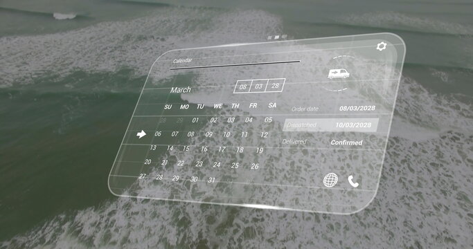 Image of digital interface with calendar over seaside landscape