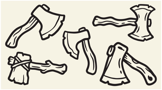 Collection of hand-drawn axes including a felling axe, a double-bit axe, a small hatchet, and a primitive stone axe on a light background