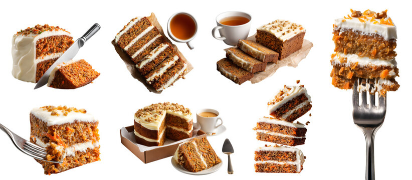 Set of baked western dessert carrot cake, sweet classic with cream cheese frosting, walnut pecan nuts topping, knife fork sliced, takeout box parchment paper with tea, transparent cutout PNG Mockup