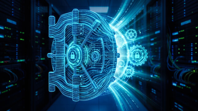 Glowing blue digital safe door opening inside dark data center server room surrounded by floating binary code representing cybersecurity network protection