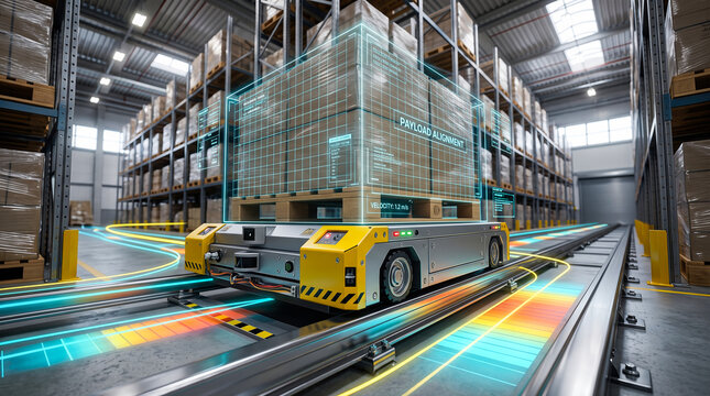 Autonomous mobile robot transporting wrapped cargo packages along metal floor tracks inside modern distribution center displaying holographic artificial intelligence system diagnostic interfaces