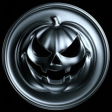Shiny metallic 3d circular emblem with carved evil jack o lantern pumpkin face on black background, stylized halloween holiday spooky decor concept
