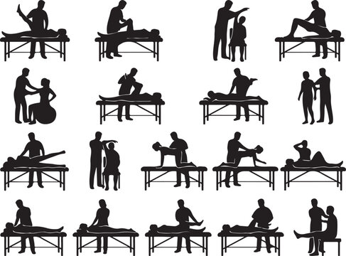 Physiotherapy silhouette set showing massage therapist performing various physical therapy and chiropractic treatments on patients in black vector style for chiropractor and rehabilitation Projects