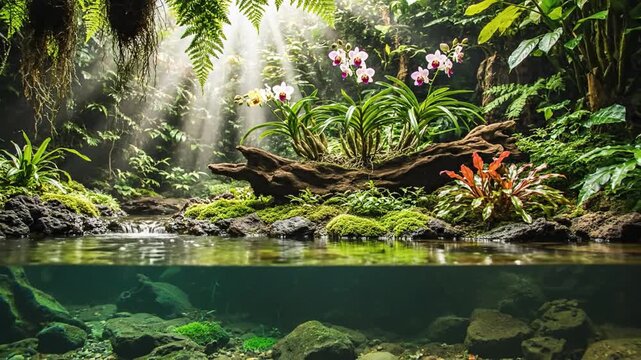 Lush Paludarium Ecosystem with Sunlight Rays and Orchids