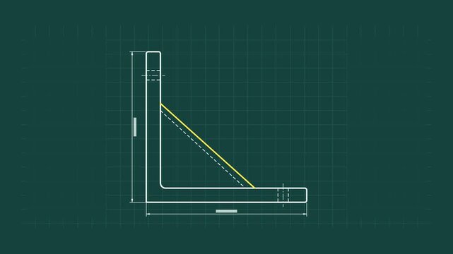 Animated bracket drawing construction with ribs drawn as a precise engineering blueprint in teal and cyan on a dark background. Smooth 4K seamless loop with self drawing lines and room for text. Wides