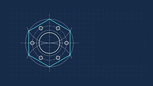 Seamless 4K looping technical drawing animation: geometric construction lines guiding contour. Clean vector line work that builds itself on a dark background in blue and azure, with construction grid,