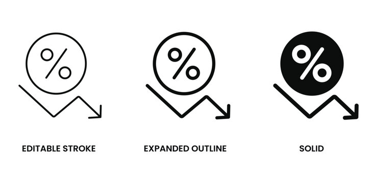 Percentage sign with downward arrow vector icon in editable stroke, expanded outline, and solid styles.