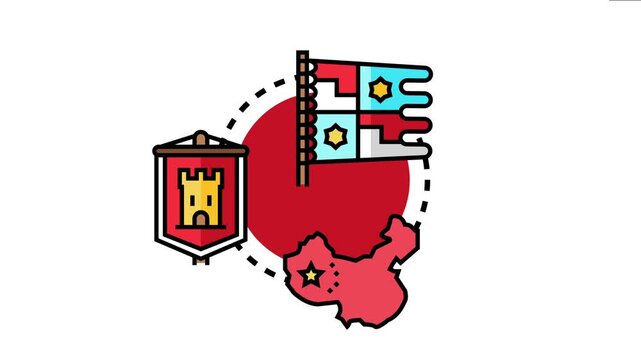 Provincial flag concept displaying a banner, an emblem with a castle, and a regional map outline, symbolizing local identity and administrative territories
