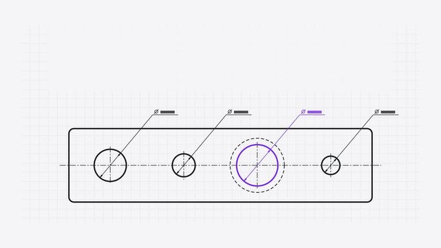 Seamless 4K looping technical drawing animation: diameter dimension marking hole pattern. Clean vector line work that builds itself on a light background in purple and violet, with construction grid, 