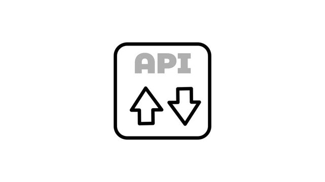 API interface icon with up and down arrows inside a rounded box showing data exchange, software integration, request response and developer access