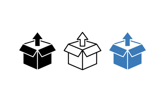 Unboxing icons set with arrow pointing up, cardboard delivery box symbols in black and blue, logistics and shipping package icons