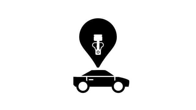 Automotive location icon with a map pin containing a robotic arm piston above a car representing vehicle assembly, auto repair service and garages