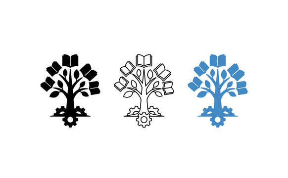 Educational knowledge tree logo icons, academic growth tree with book leaves and gear roots, set of 3 vector symbols for learning and wisdom