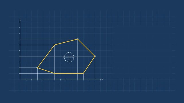 Seamless 4K looping technical drawing animation: coordinate grid layout from origin. Clean vector line work that builds itself on a dark background in blue and azure, with construction grid, centre li