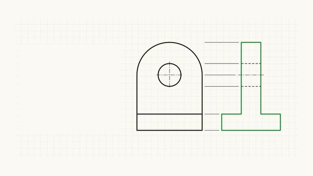 Seamless 4K looping technical drawing animation: side view projection building profile. Clean vector line work that builds itself on a light background in green and emerald, with construction grid, ce