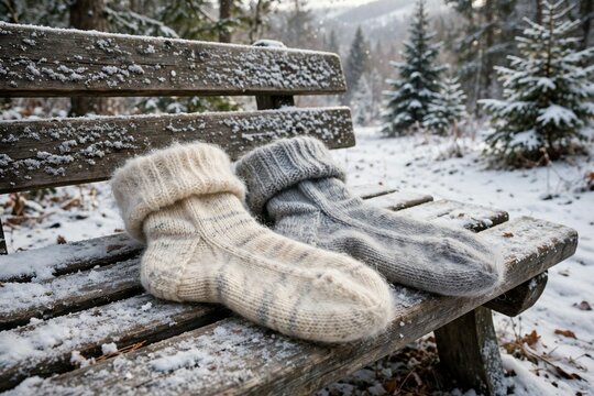 Fuzzy knit wool socks on snow-dusted bench