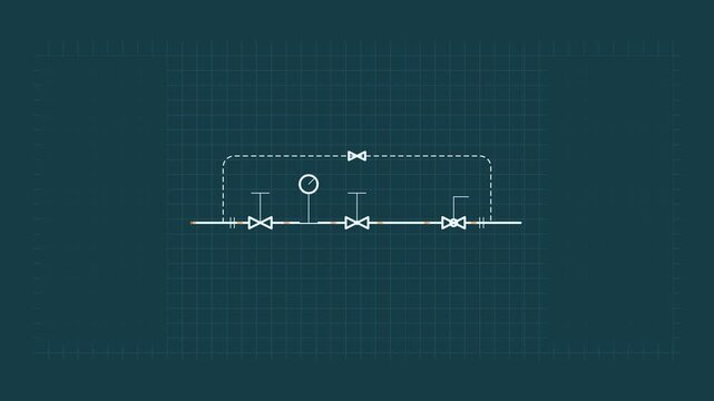 Animated valve symbols schematic inline flow drawn as a precise engineering blueprint in teal and cyan on a dark background. Smooth 4K seamless loop with self drawing lines and room for text. Widescre