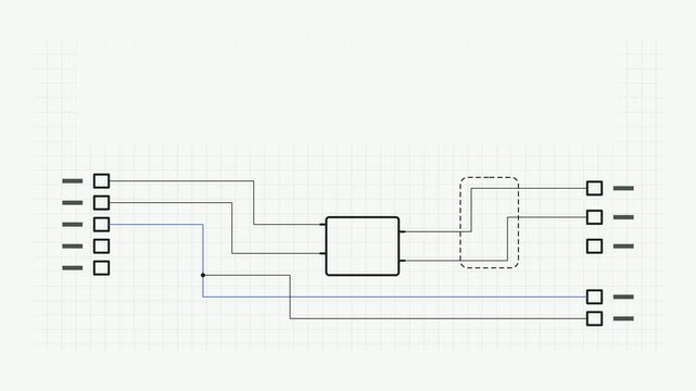 Seamless 4K looping technical drawing animation: wiring diagram drawing junction nodes. Clean vector line work that builds itself on a light background in blue and azure, with construction grid, centr