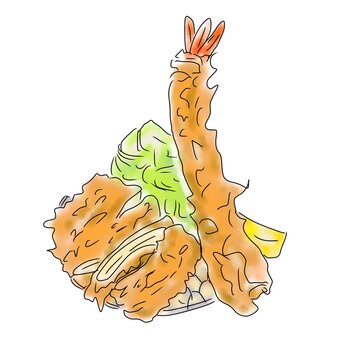 Hand drawn watercolor japanese tonkatsu and ebi fry set with shredded cabbage and lemon illustration isolated on white background