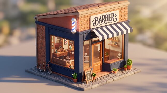 A quaint miniature barber shop showcases a classic striped awning and brick facade. The inviting interior features barber chairs and a nostalgic atmosphere.