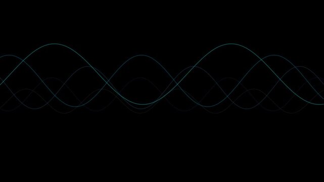 Thin neon blue lines form smooth sine waves flowing rhythmically across a pitch black background, creating a minimalist digital audio visualizer effect with soft glowing illumination.