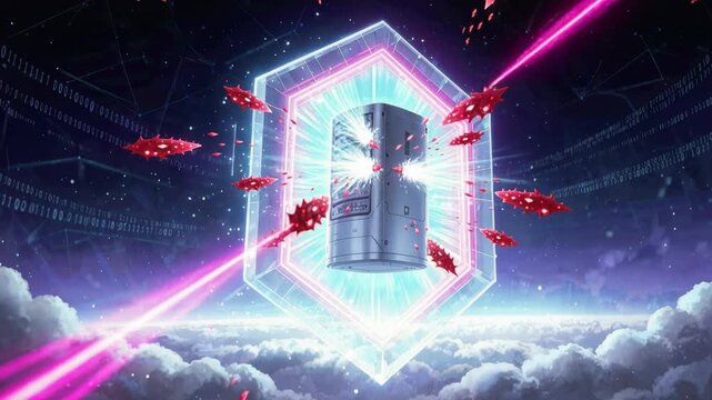 Futuristic Server Tower Above Cloud With Glowing Neon Portal, Red Laser Fragment, Digital Data Fragments, Cyber Environment