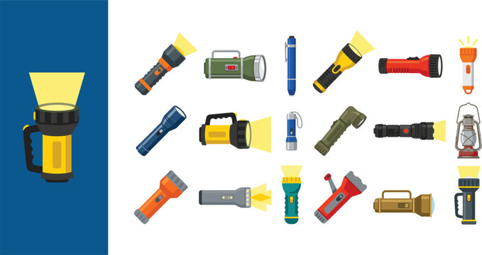 Portable flashlight vector icon set with vintage lanterns and modern tactical torches for camping and emergency concepts