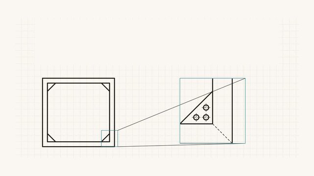 Seamless 4K looping technical drawing animation: corner detail drawing enlarged joint. Clean vector line work that builds itself on a light background in yellow and gold, with construction grid, centr